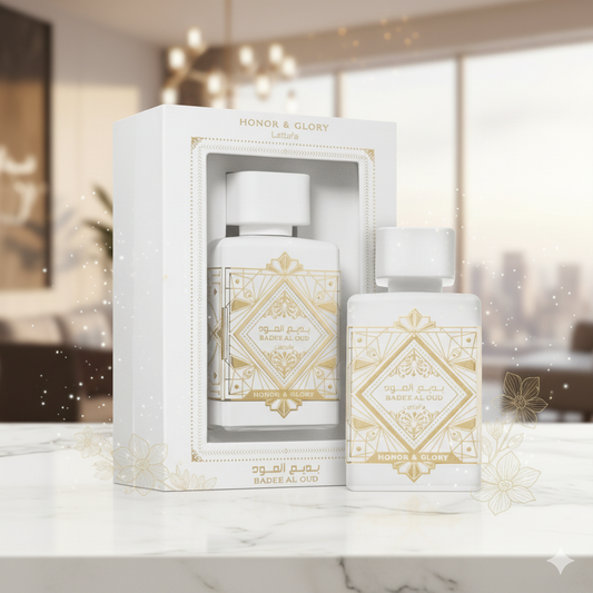 Lattafa Bade'e Al Oud Honor & Glory Eau De Parfum 100ml bottle and packaging