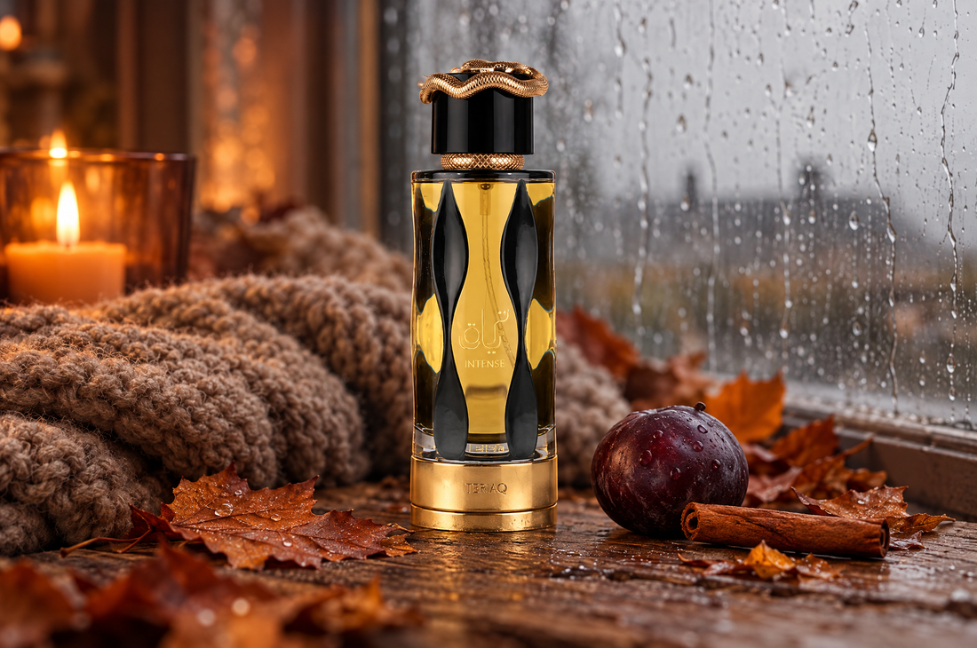 Lattafa Teriaq Intense bottle with autumn leaves, wool throw and a rainy window