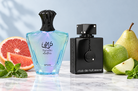 Afnan Turathi Electric and Armaf Club De Nuit Intense Man with grapefruit, apple and pear