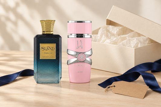 Khadlaj Island Dreams and Lattafa Yara perfume gifts beside a gift box