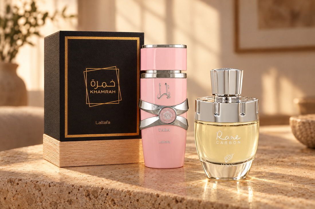 Lattafa Khamrah, Lattafa Yara and Afnan Rare Carbon Arabic perfumes