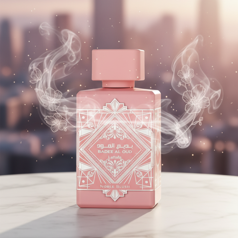 Lattafa Bade’e Al Noble Blush Eau De Parfum 100ml bottle and packaging