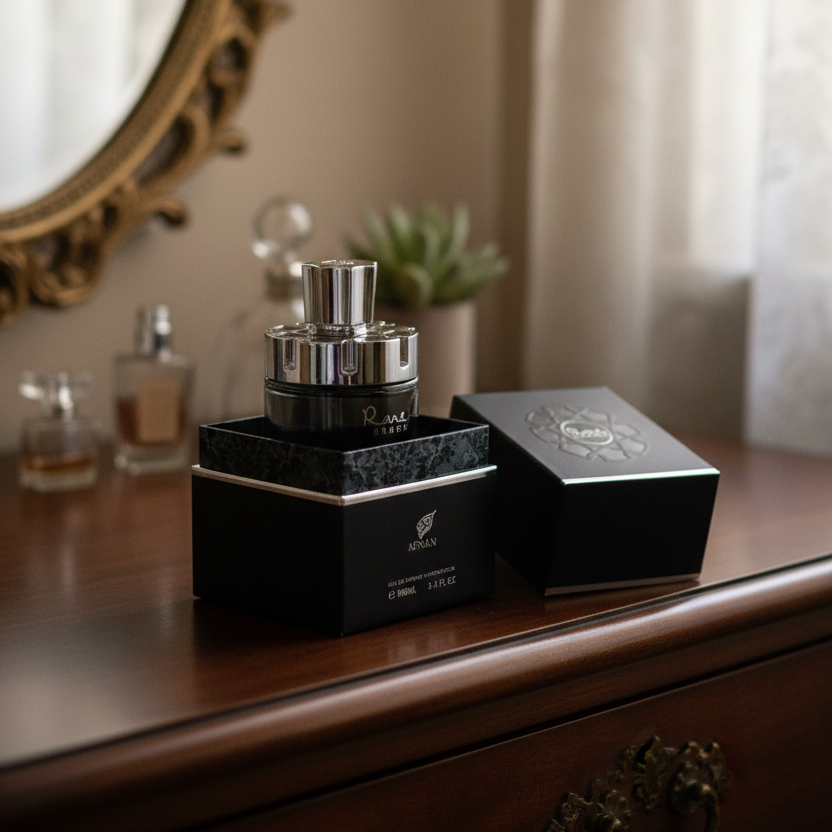 Afnan Rare Carbon EDP 100ml bottle - bold leather oud perfume fragrance