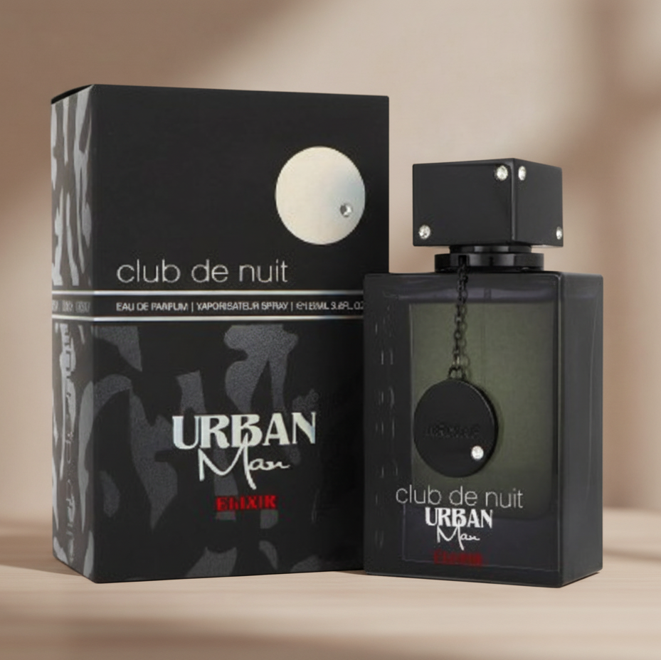 Perfume bottle and packaging of 'Urban Man Club de Nuit' on a beige background