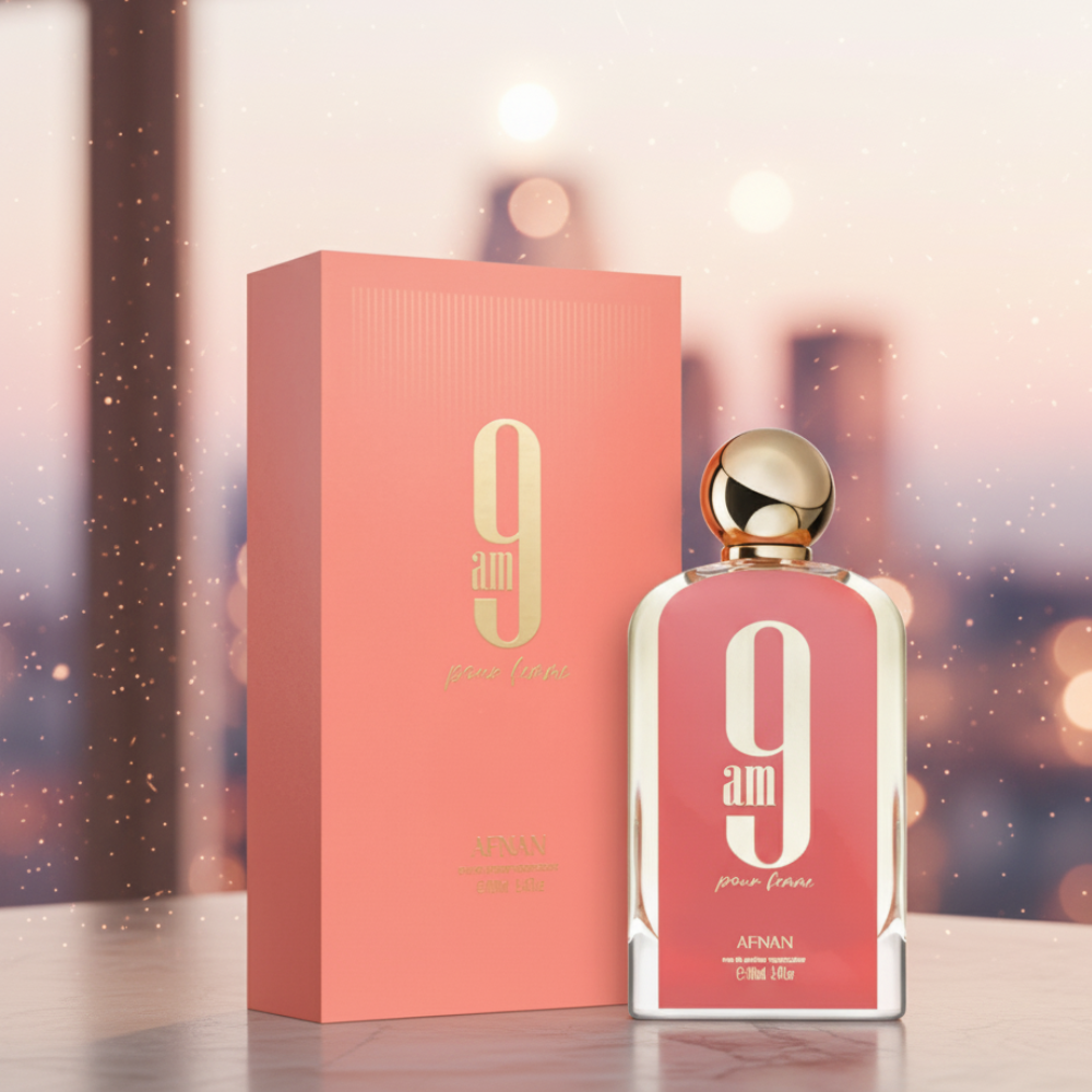 Afnan 9am pour Femme EDP 100ml side angle - citrus floral women's perfume bottle